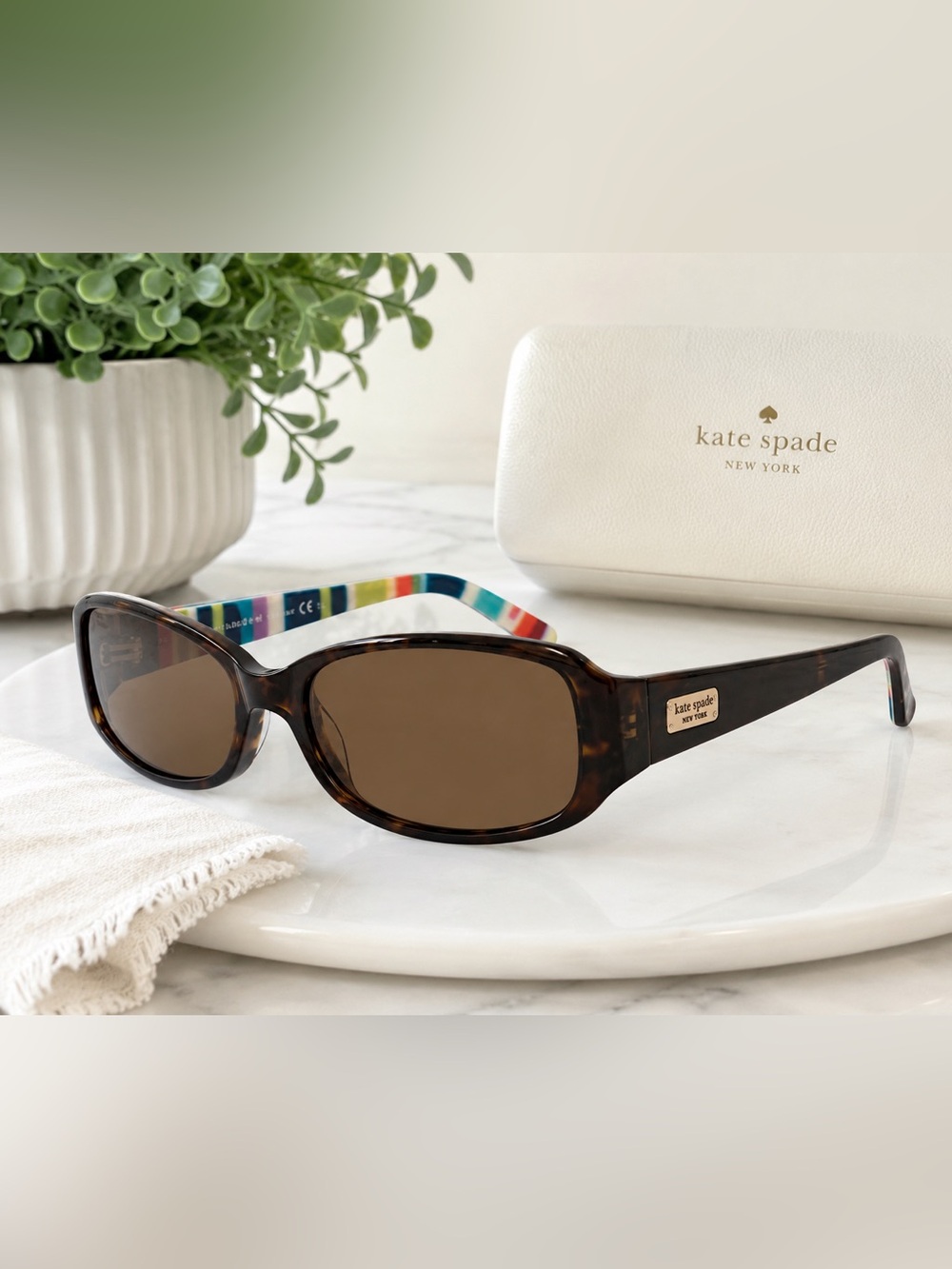 kate spade Paxton Tortoise Oval Sunglasses with Multicolor Stripe Interior